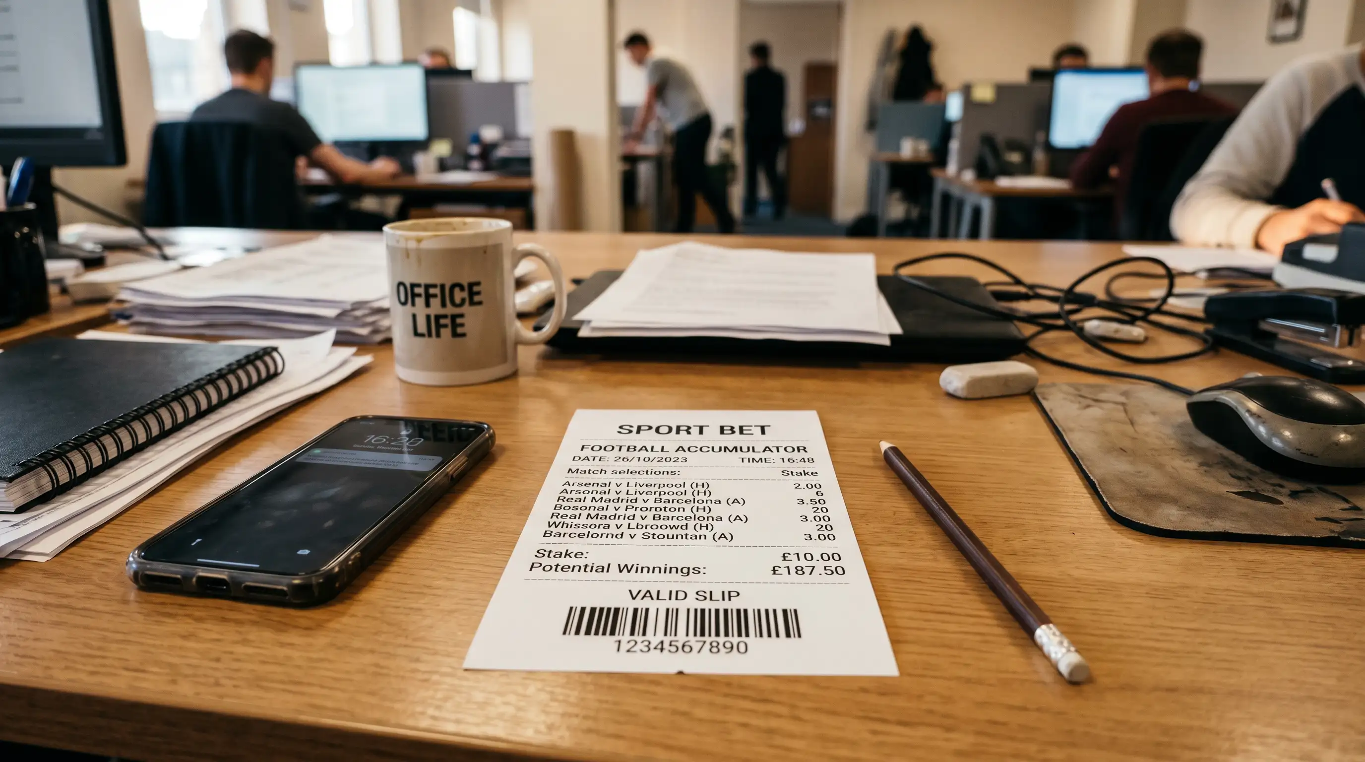 Boleto de apuestas combinadas sobre una mesa junto a un bolígrafo y un teléfono móvil
