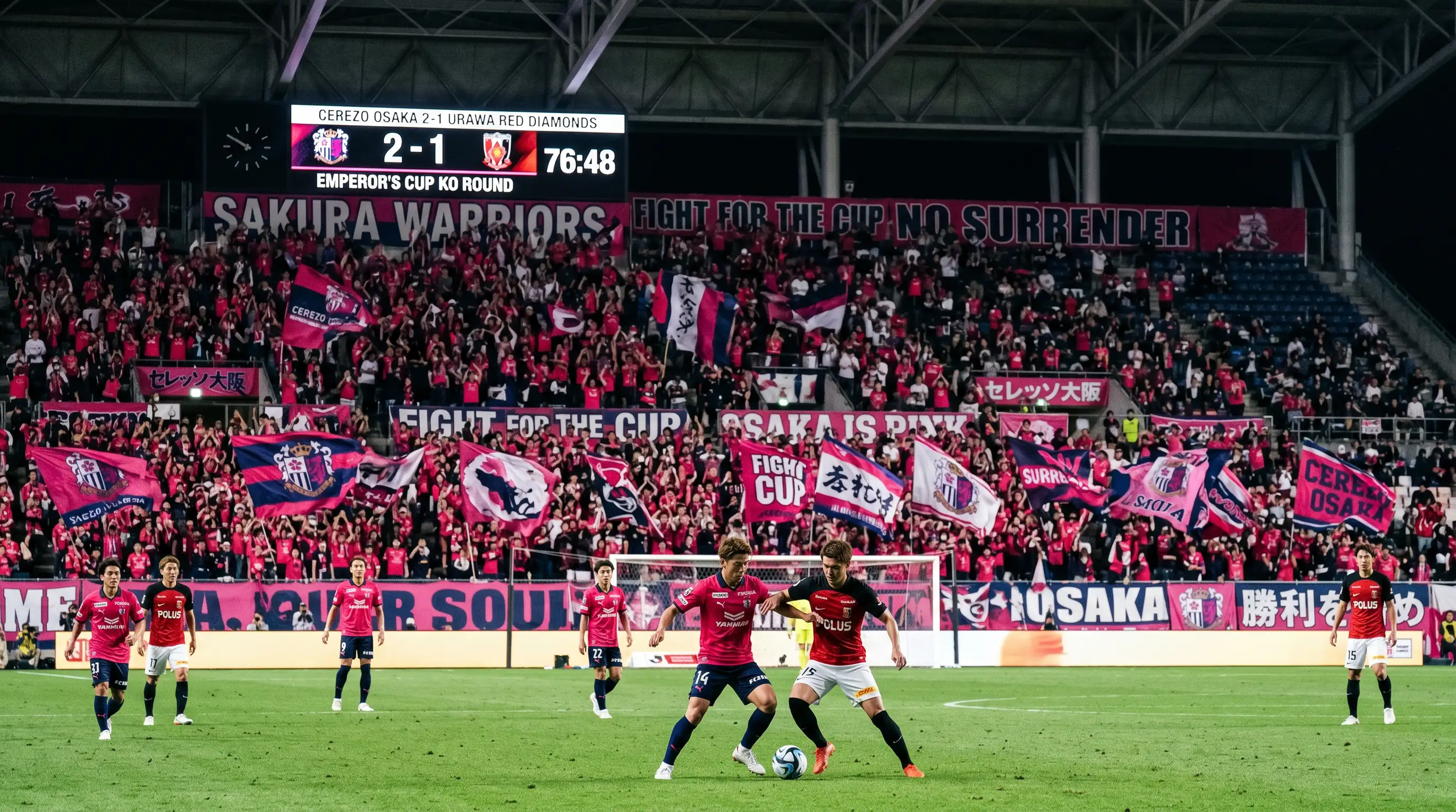 Partido de copa de fútbol en un estadio japonés con banderas y ambiente de eliminatoria