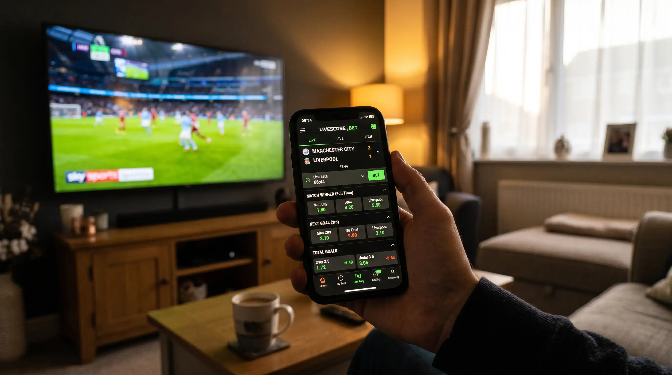 Smartphone mostrando cuotas de apuestas en vivo con un partido de fútbol de fondo