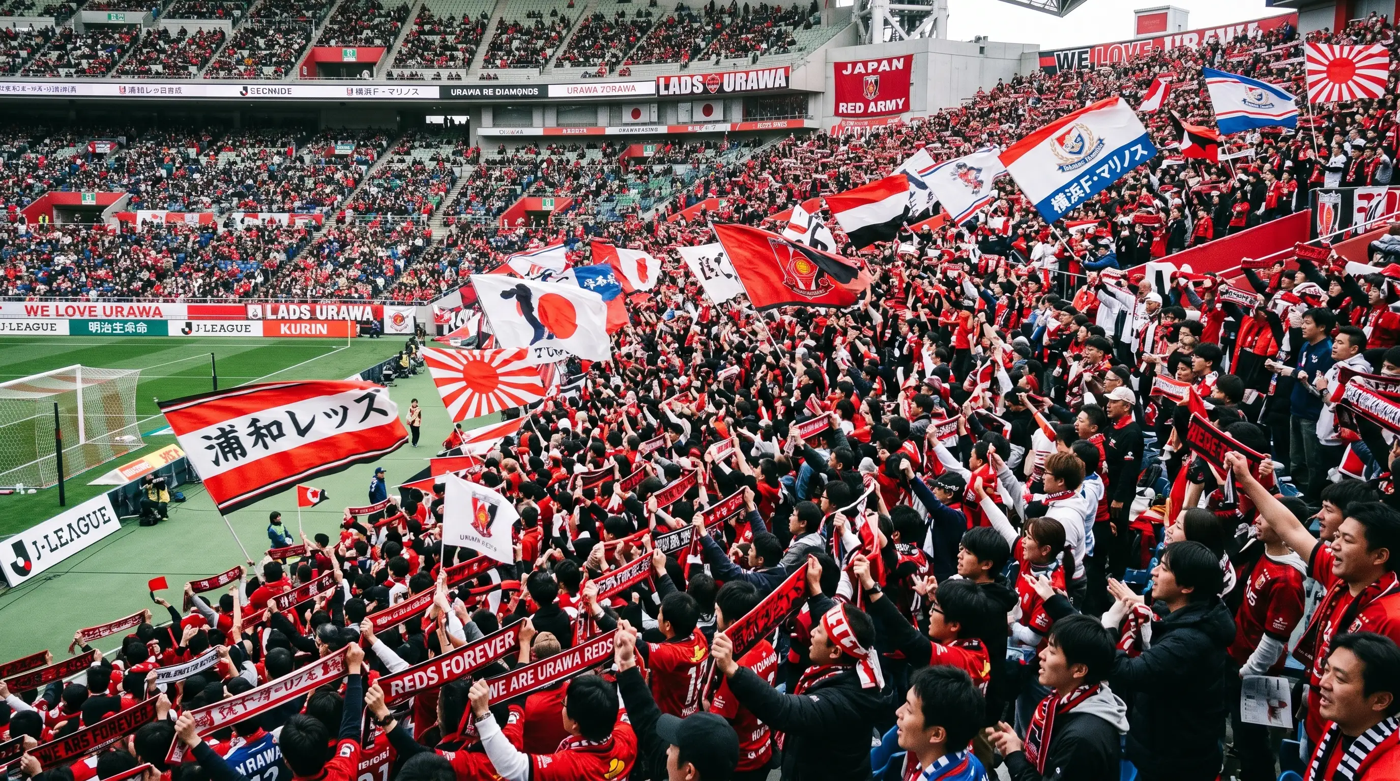 Gradas llenas de espectadores en un estadio de fútbol japonés durante un partido de la J-League