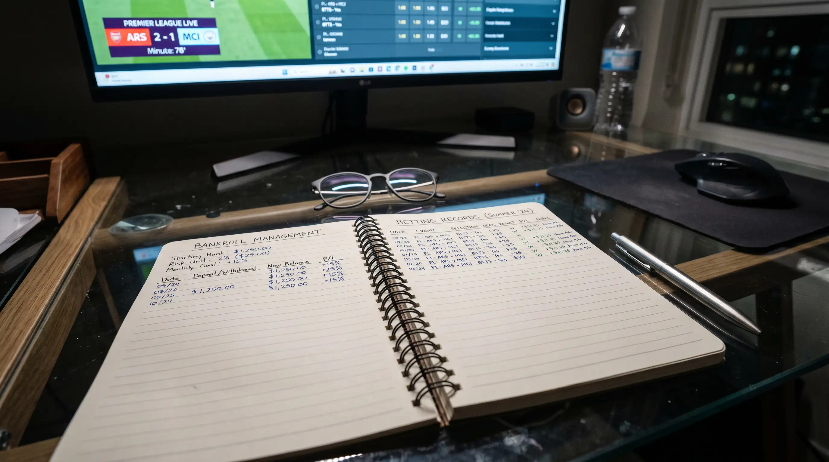 Cuaderno con anotaciones de gestión de bankroll junto a fichas de apuestas sobre un escritorio