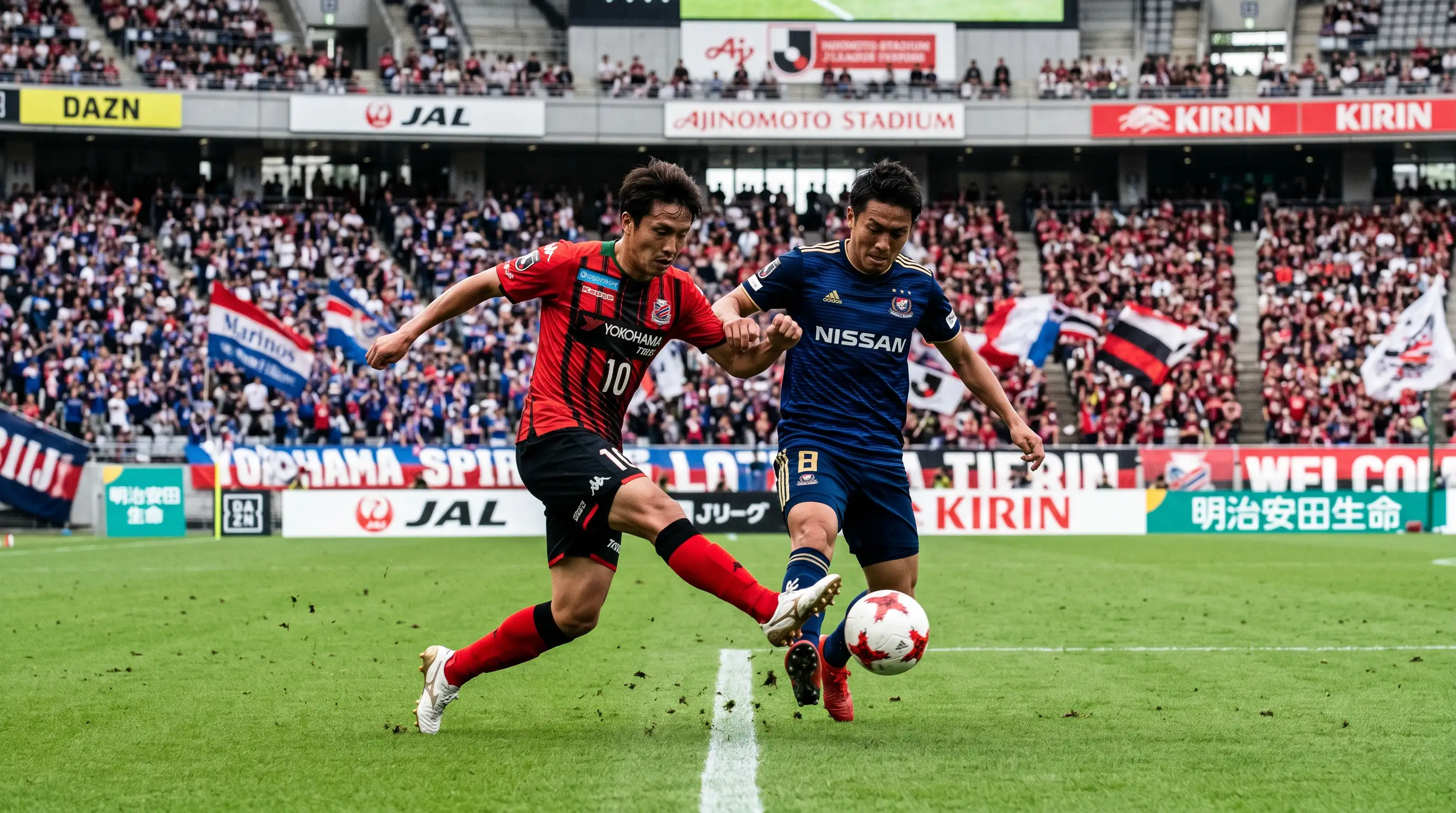 Jugadores de dos equipos de fútbol de la J-League disputando un balón en el centro del campo