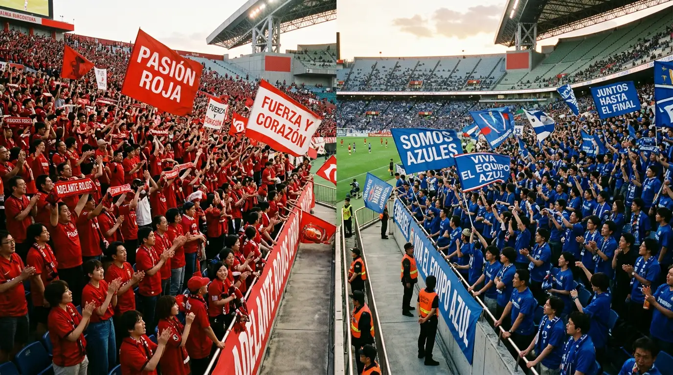 Aficionados rivales separados en las gradas de un estadio japonés durante un derbi de la J-League