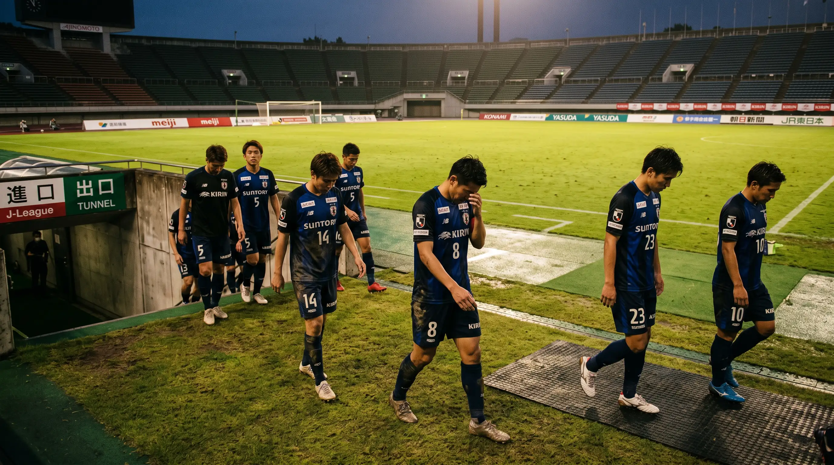 Jugadores de fútbol cabizbajos saliendo del campo tras una derrota en un partido de la J-League