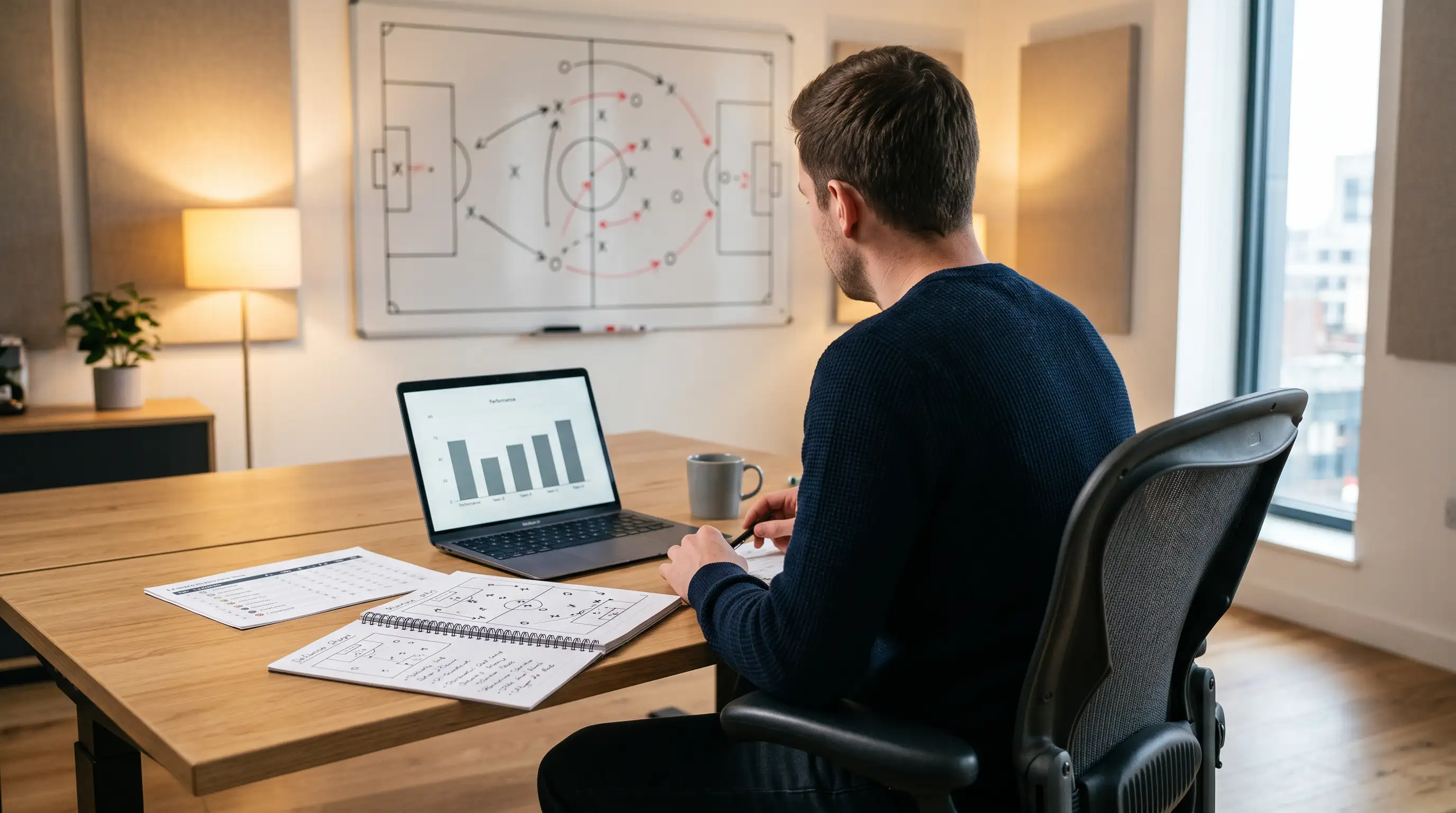 Analista deportivo revisando datos de rendimiento de equipos de fútbol en una pizarra táctica