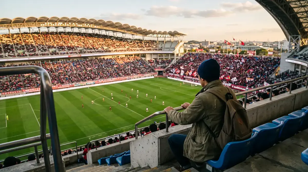 Estrategia de apuestas al campeón de la J-League con un aficionado viendo un partido de fútbol japonés en un estadio