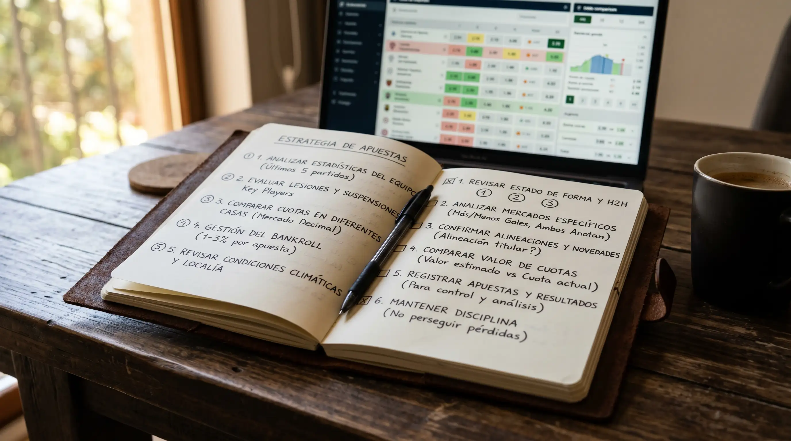 Cuaderno abierto con anotaciones de estrategia de apuestas junto a un portátil mostrando cuotas deportivas