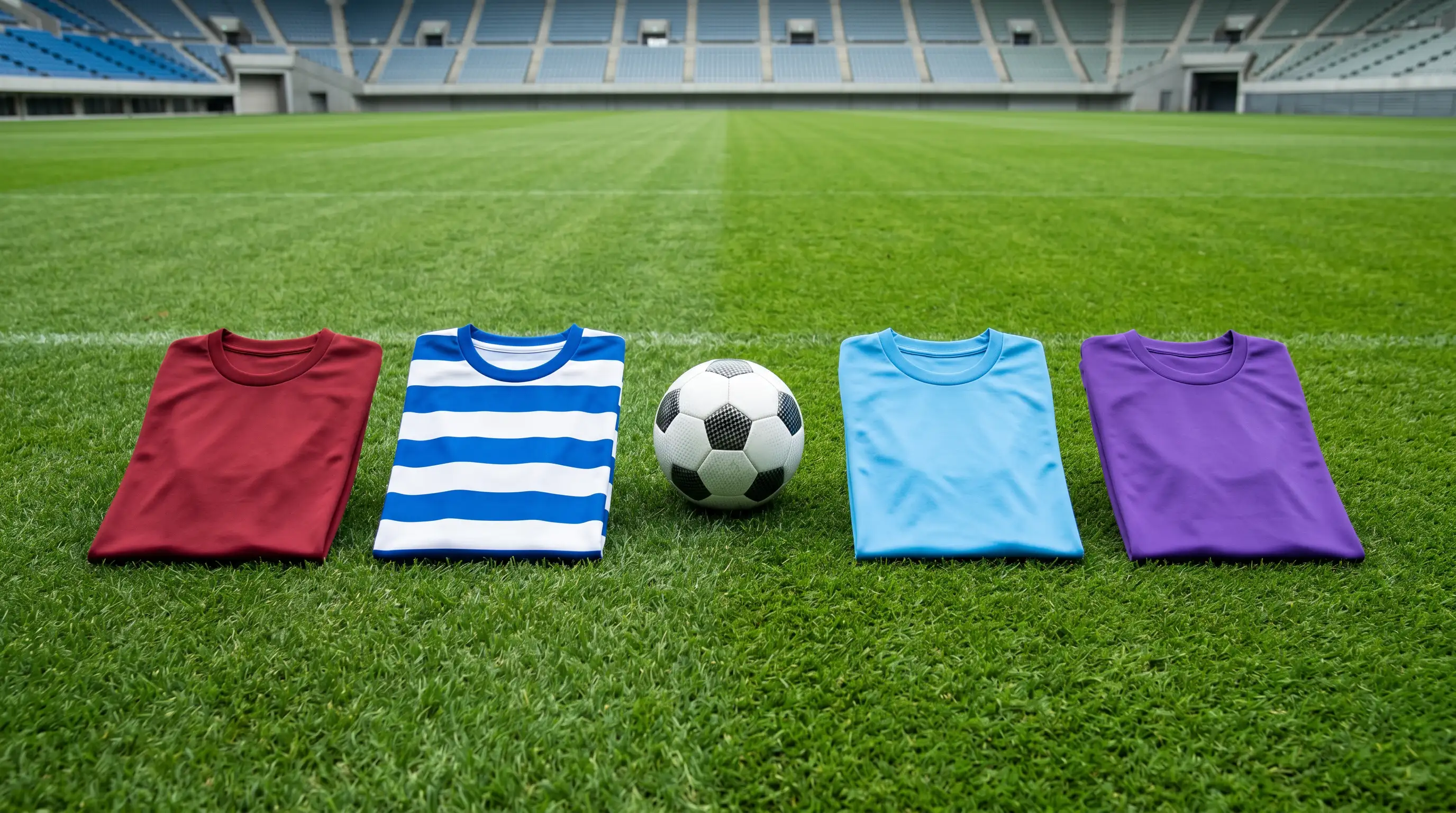 Cuatro camisetas de equipos de fútbol japonés dispuestas sobre césped natural con un balón de fútbol