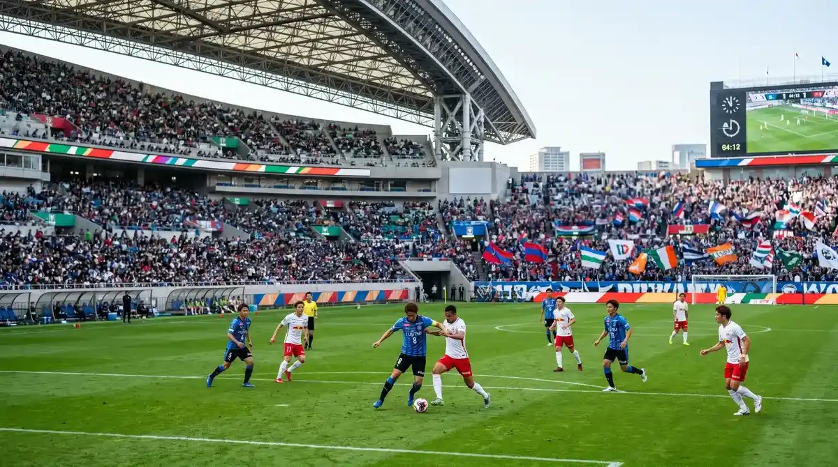 Jugadores de fútbol en un estadio japonés disputando un partido de la J-League con las gradas llenas de espectadores