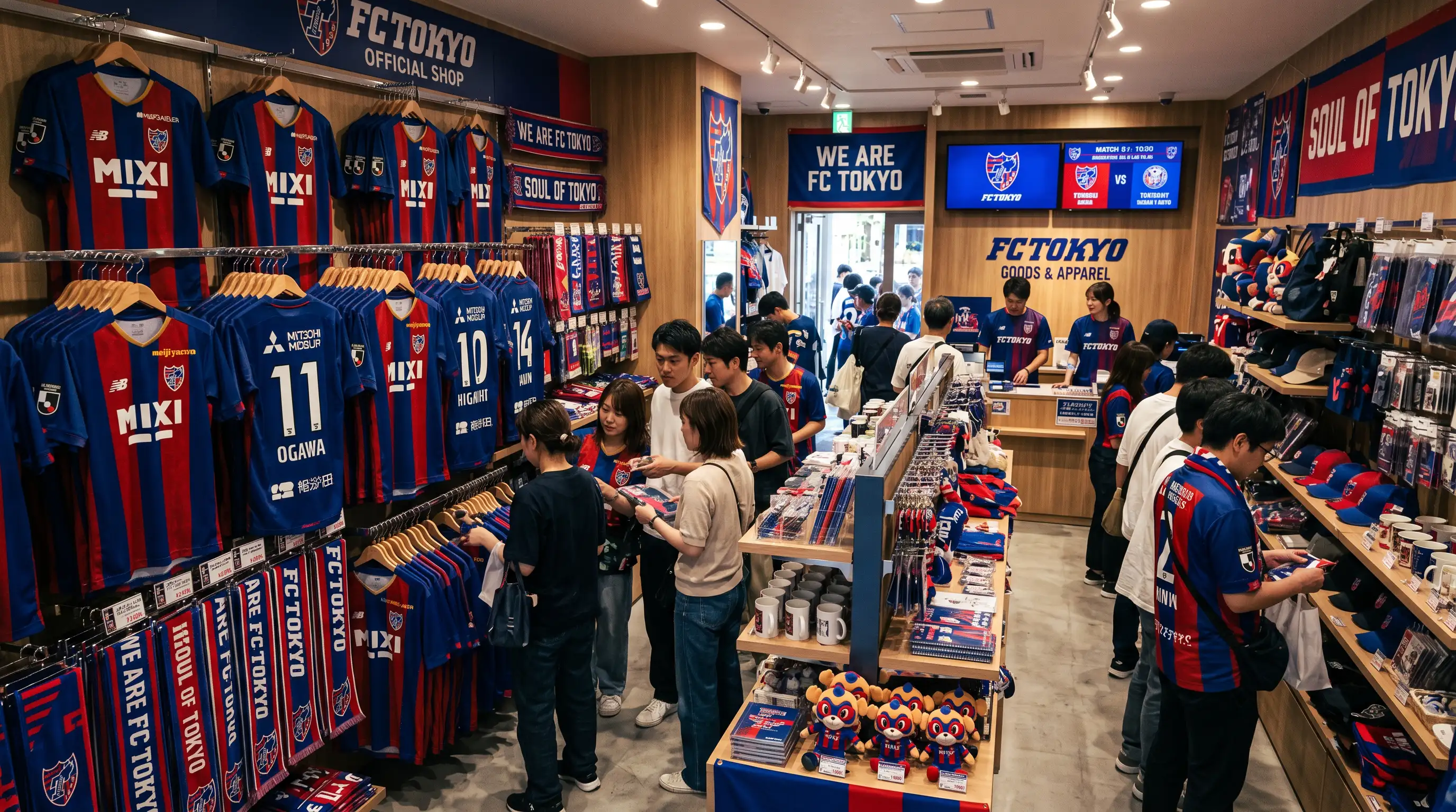 Tienda oficial de merchandising de un club de fútbol japonés con camisetas y productos