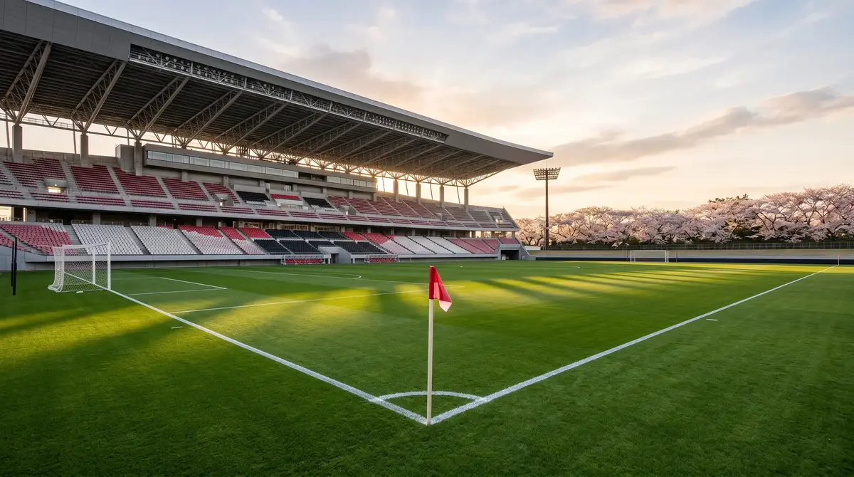 Estadio de fútbol japonés con césped natural preparado para un partido de la J-League bajo el nuevo formato de temporada