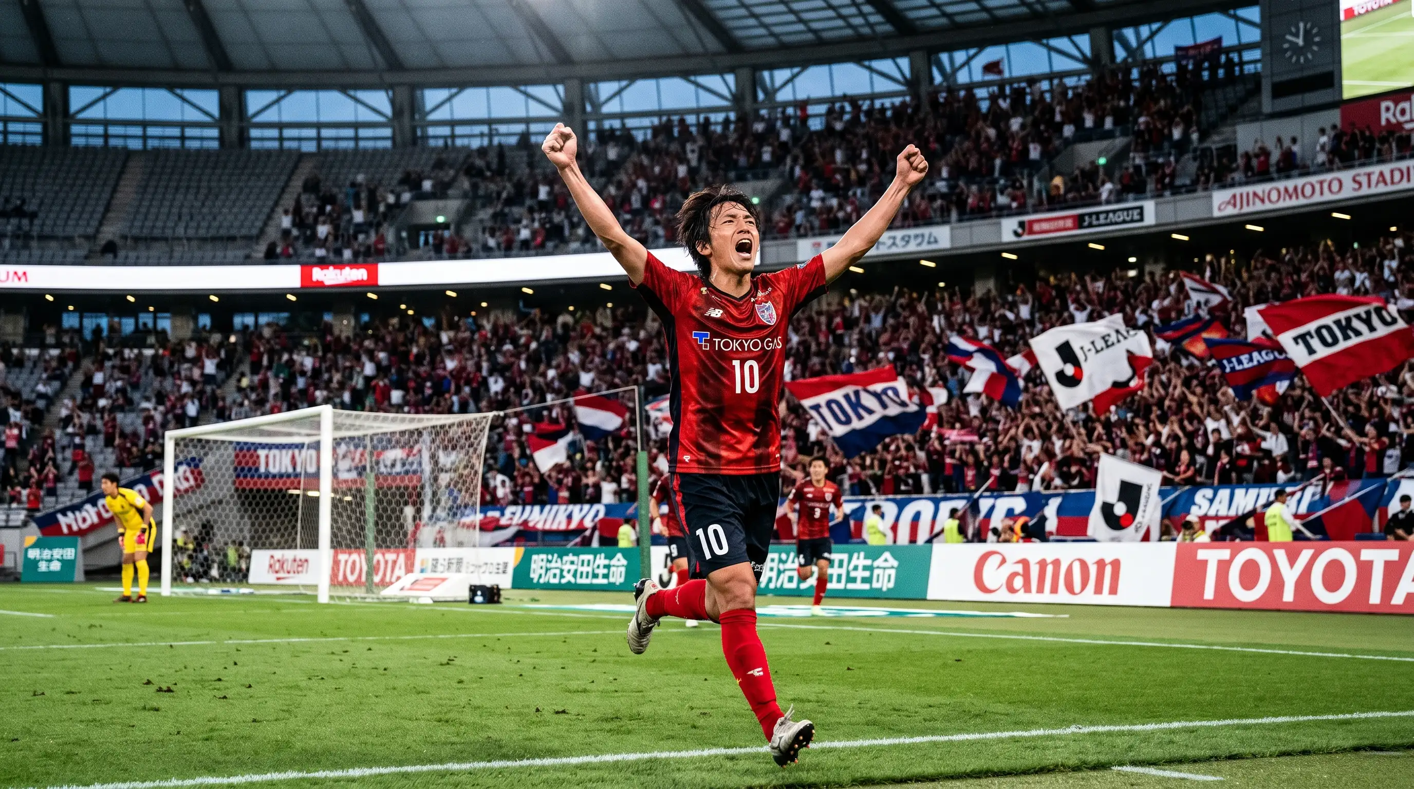 Delantero de fútbol celebrando un gol en un estadio de la J-League con los brazos en alto