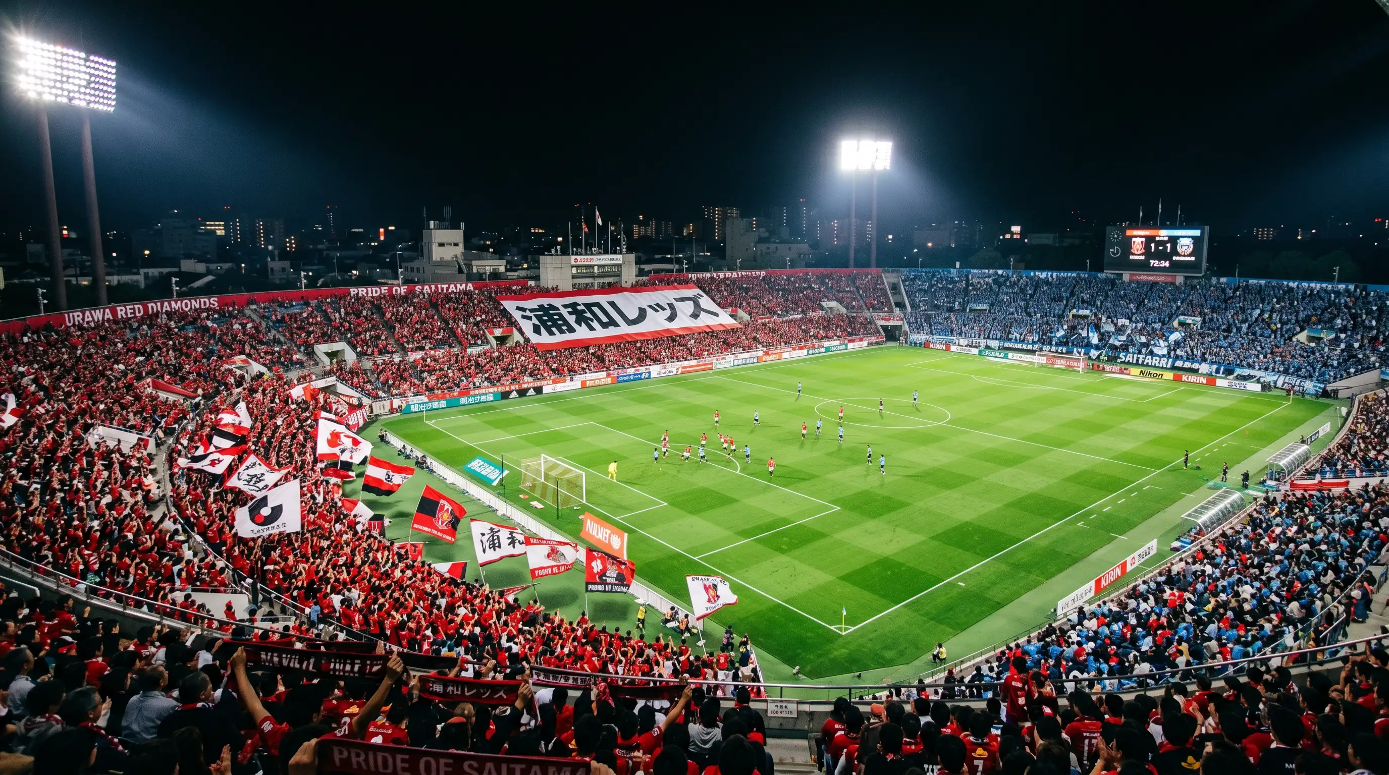 Estadio de fútbol japonés con césped verde y gradas durante un partido de la J-League