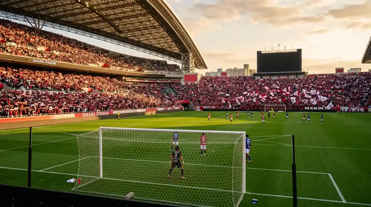 Estadio de la J-League con aficionados y marcador del campeonato