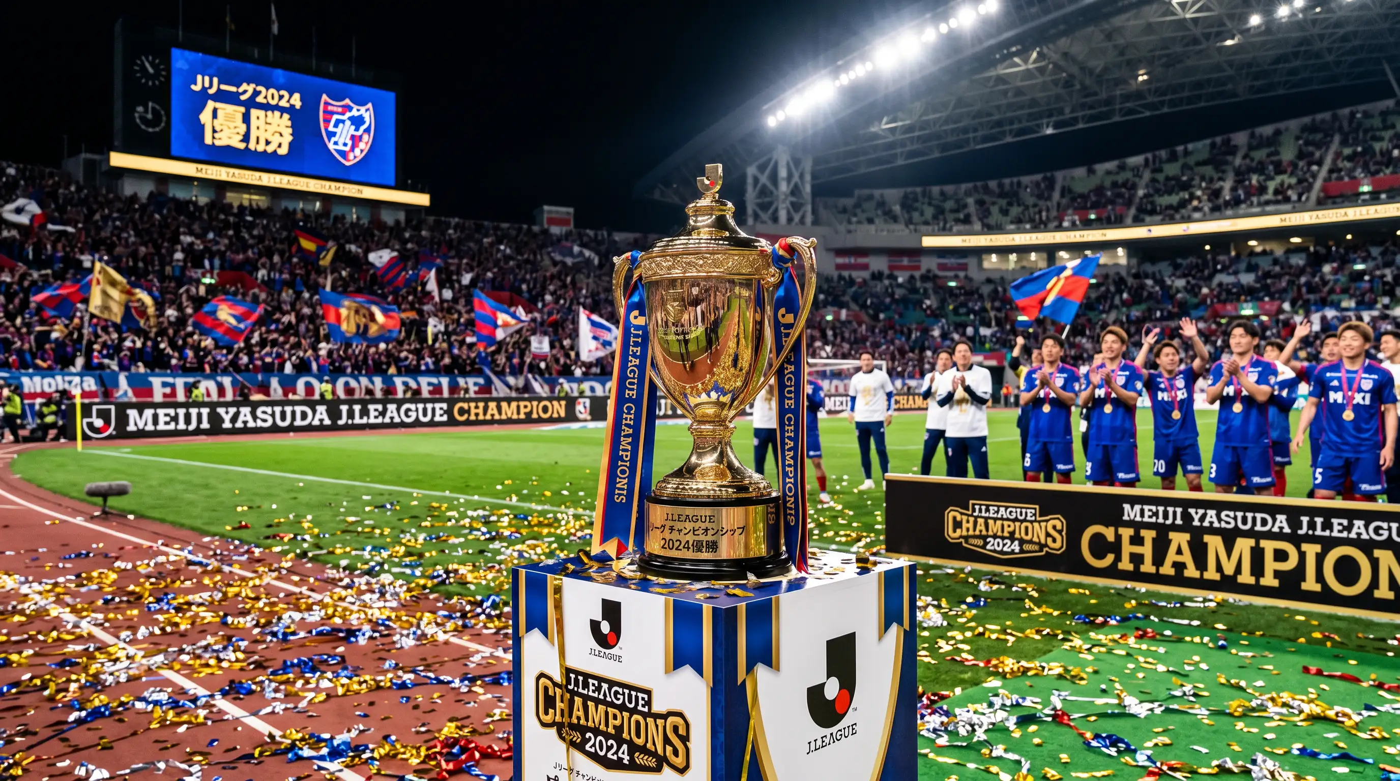 Trofeo de campeón de liga de fútbol sobre un podio en un estadio japonés