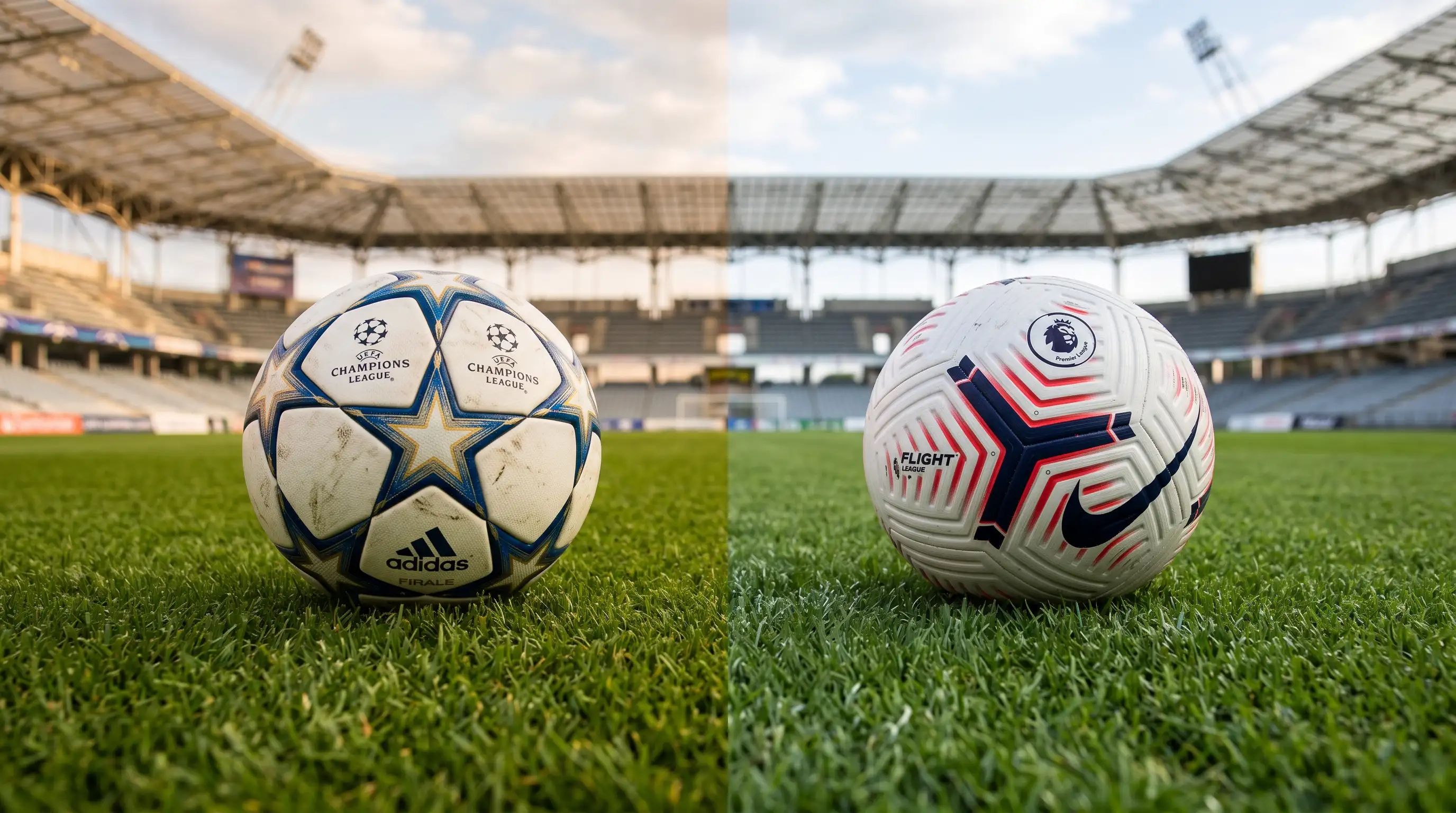 Dos balones de fútbol lado a lado sobre césped representando la comparativa entre ligas asiáticas