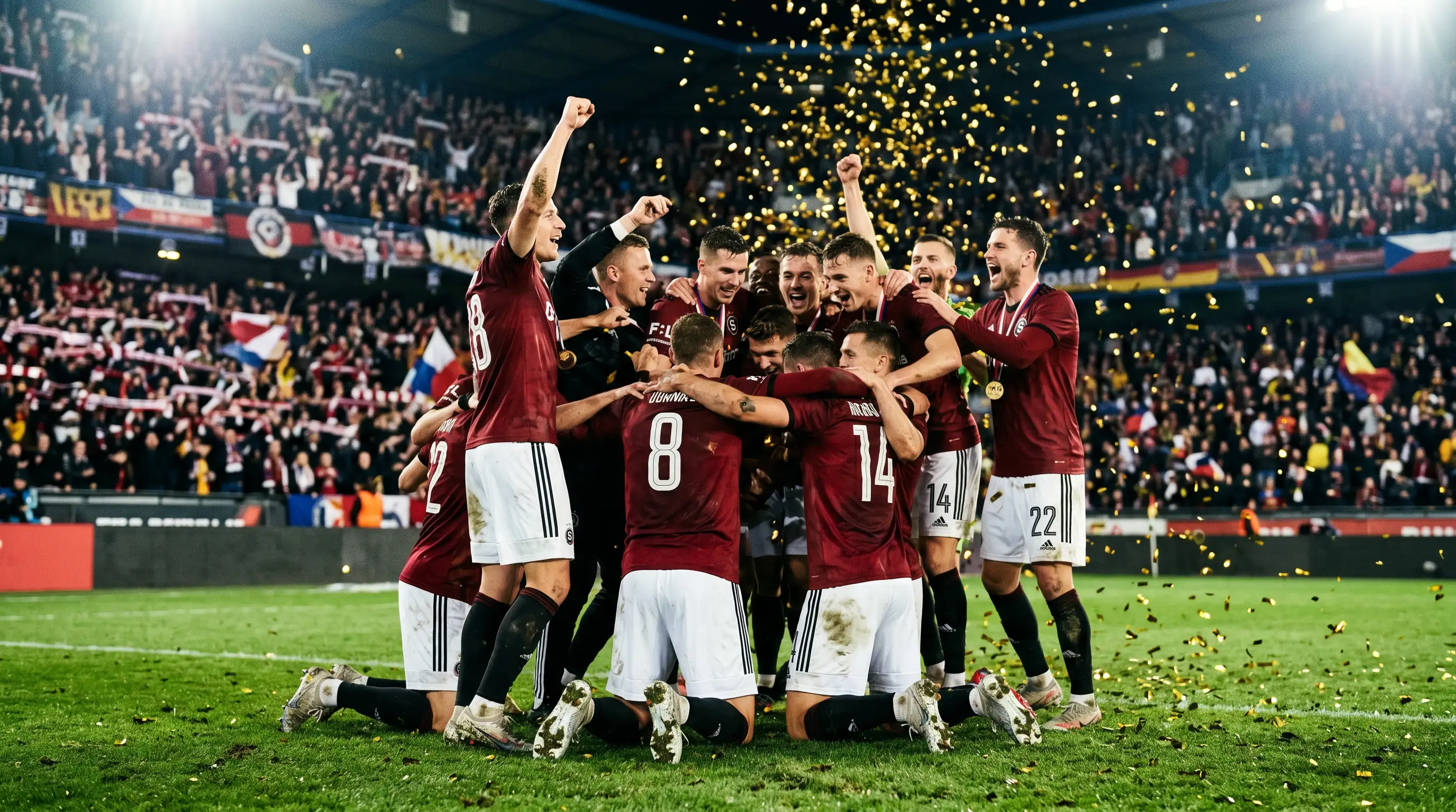 Jugadores de fútbol celebrando un título de liga en un estadio japonés con confeti dorado