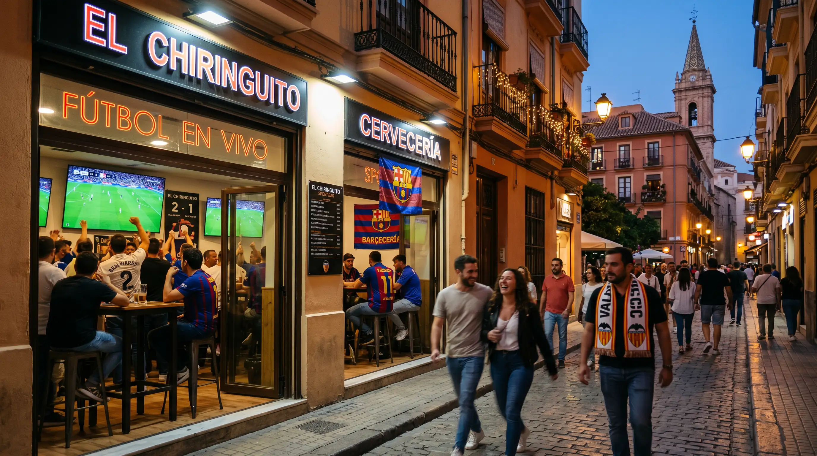 Panorámica de una ciudad española con íconos deportivos representando el mercado de apuestas