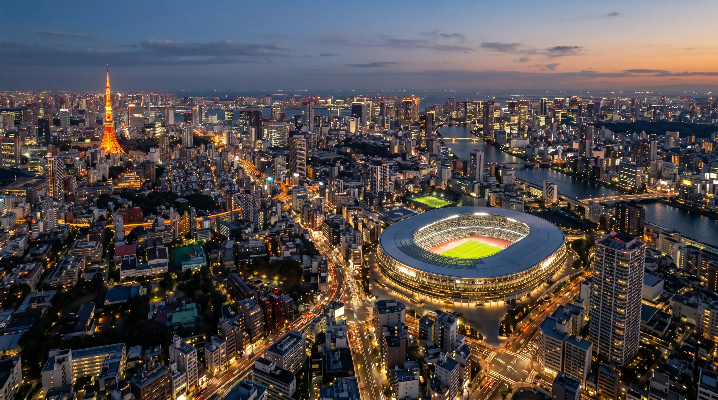 Vista panorámica del paisaje urbano de Tokio con un estadio de fútbol visible entre los edificios