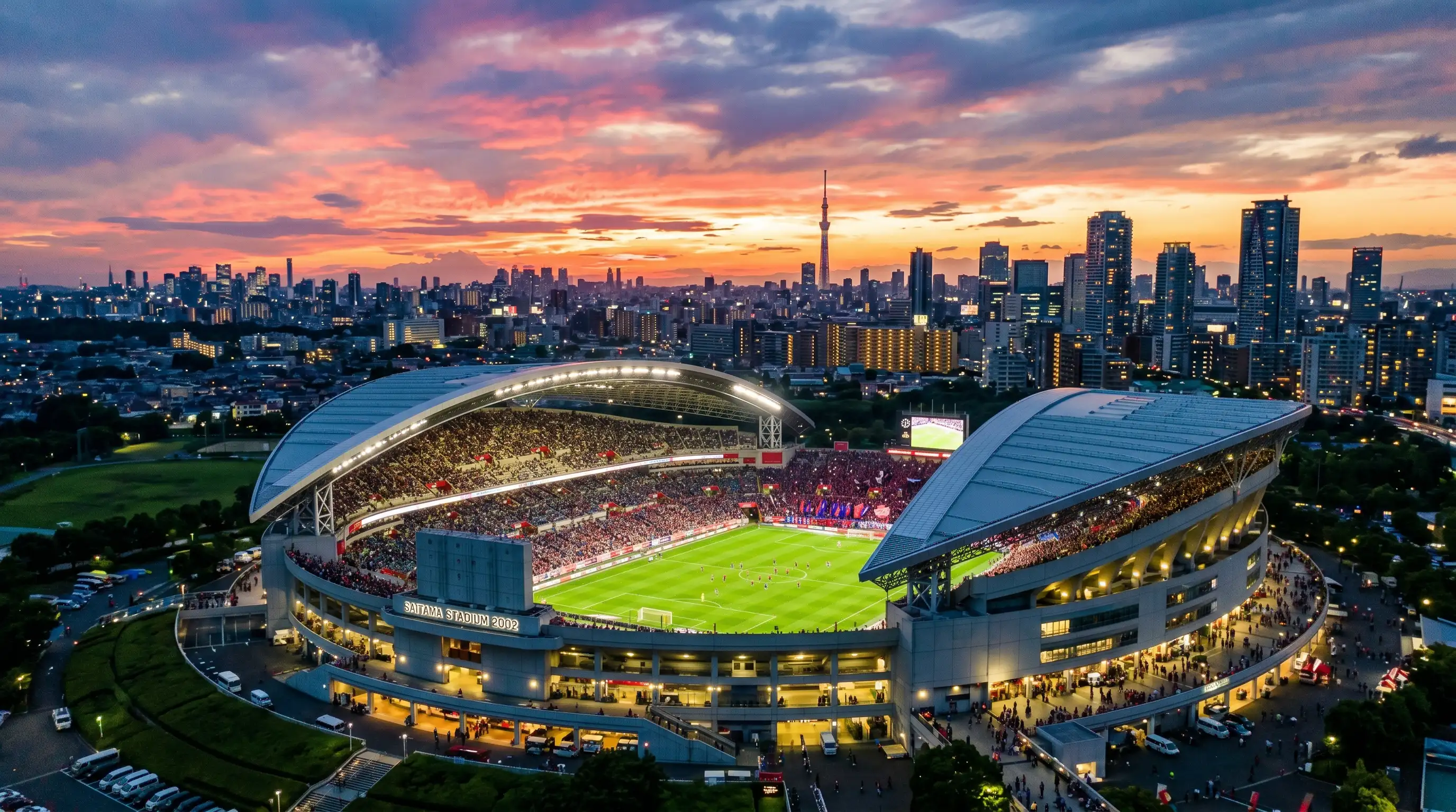 Vista panorámica de un moderno estadio de fútbol japonés con la ciudad de fondo al atardecer